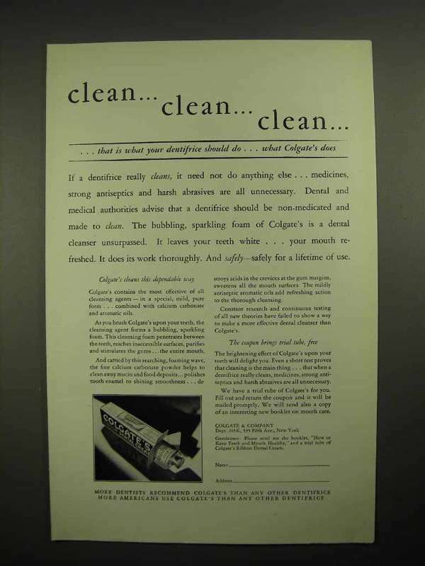 1928 Colgate\'s Ribbon Dental Cream Toothpaste Ad - Clean