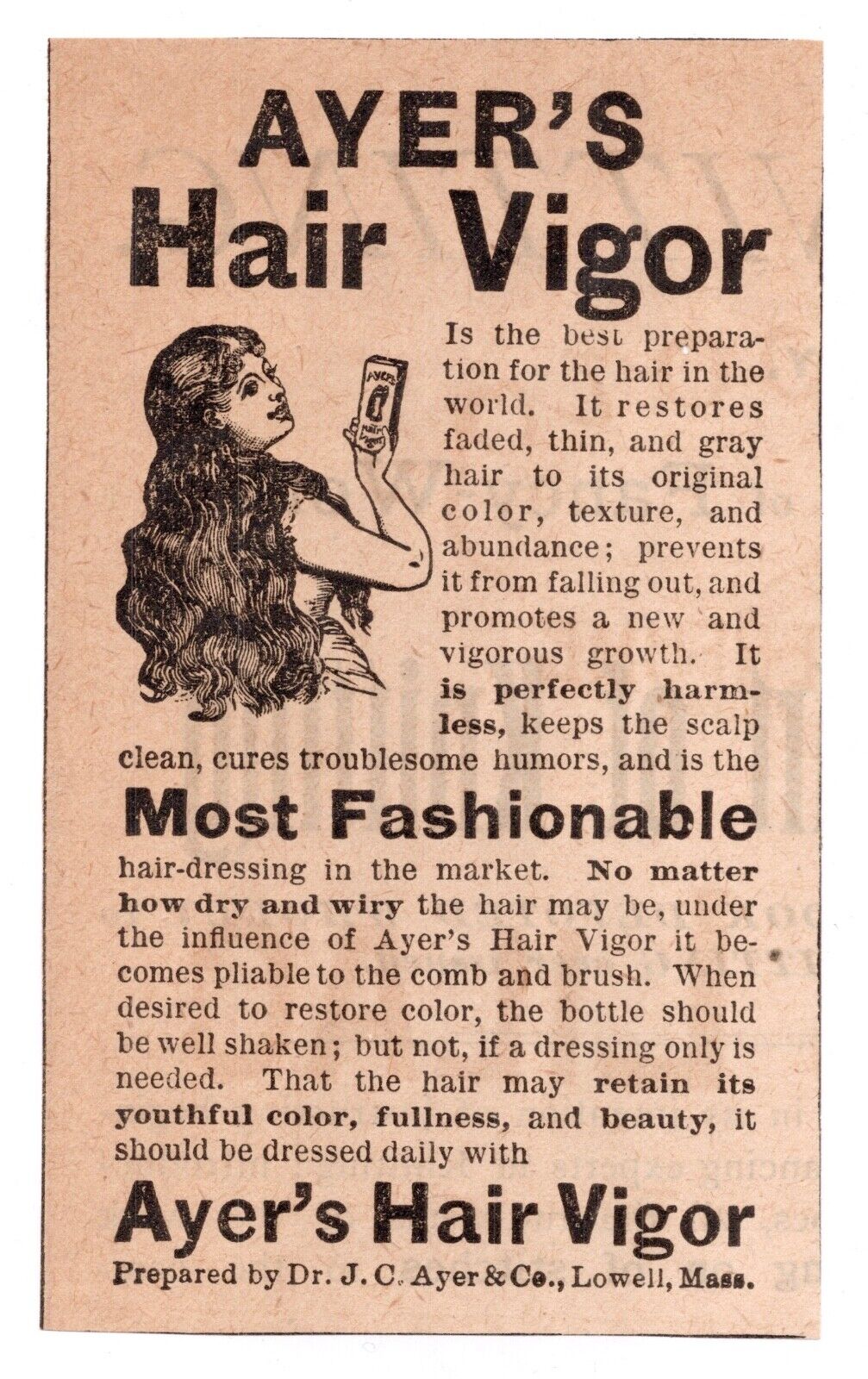 c1880s Ayer\'s Hair Vigor Quack Medicine Elixir Women\'s Beauty Antique Print Ad