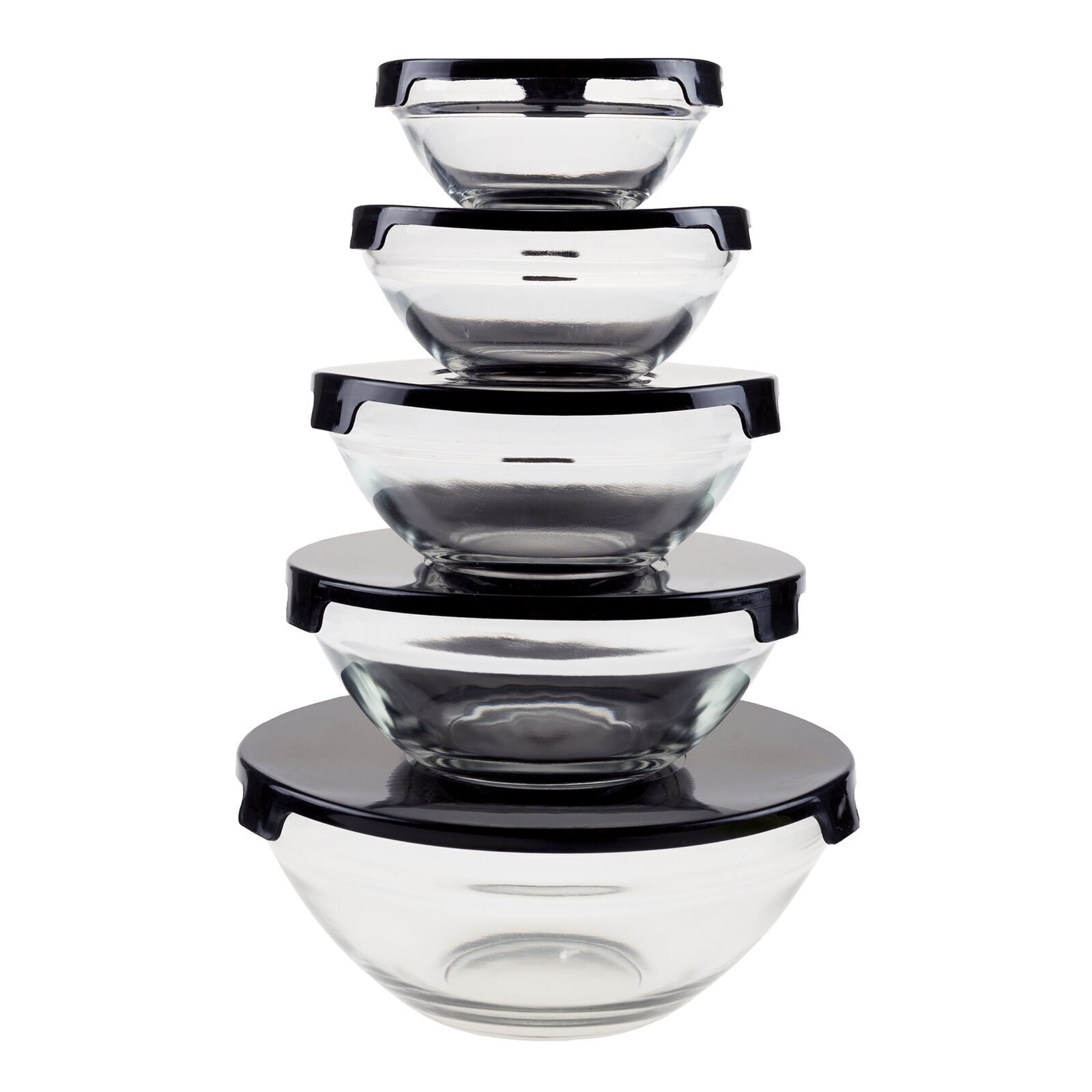 Glass Food Storage Containers with Snap Lids- 10 Piece Set by Chef Buddy (Black)