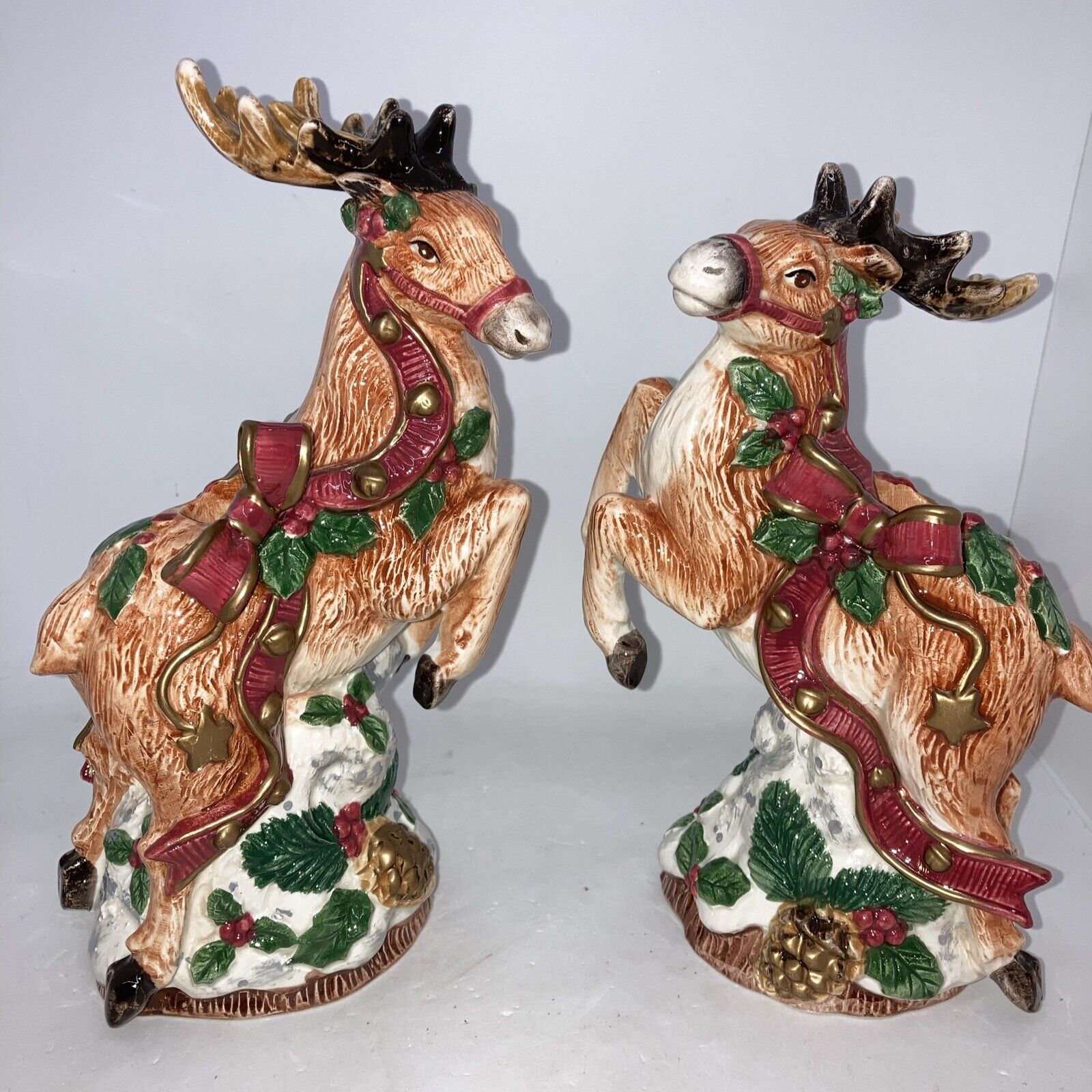 1993 Vintage Fitz and Floyd Snowy Woods Reindeer With Bows Candle Holder Set