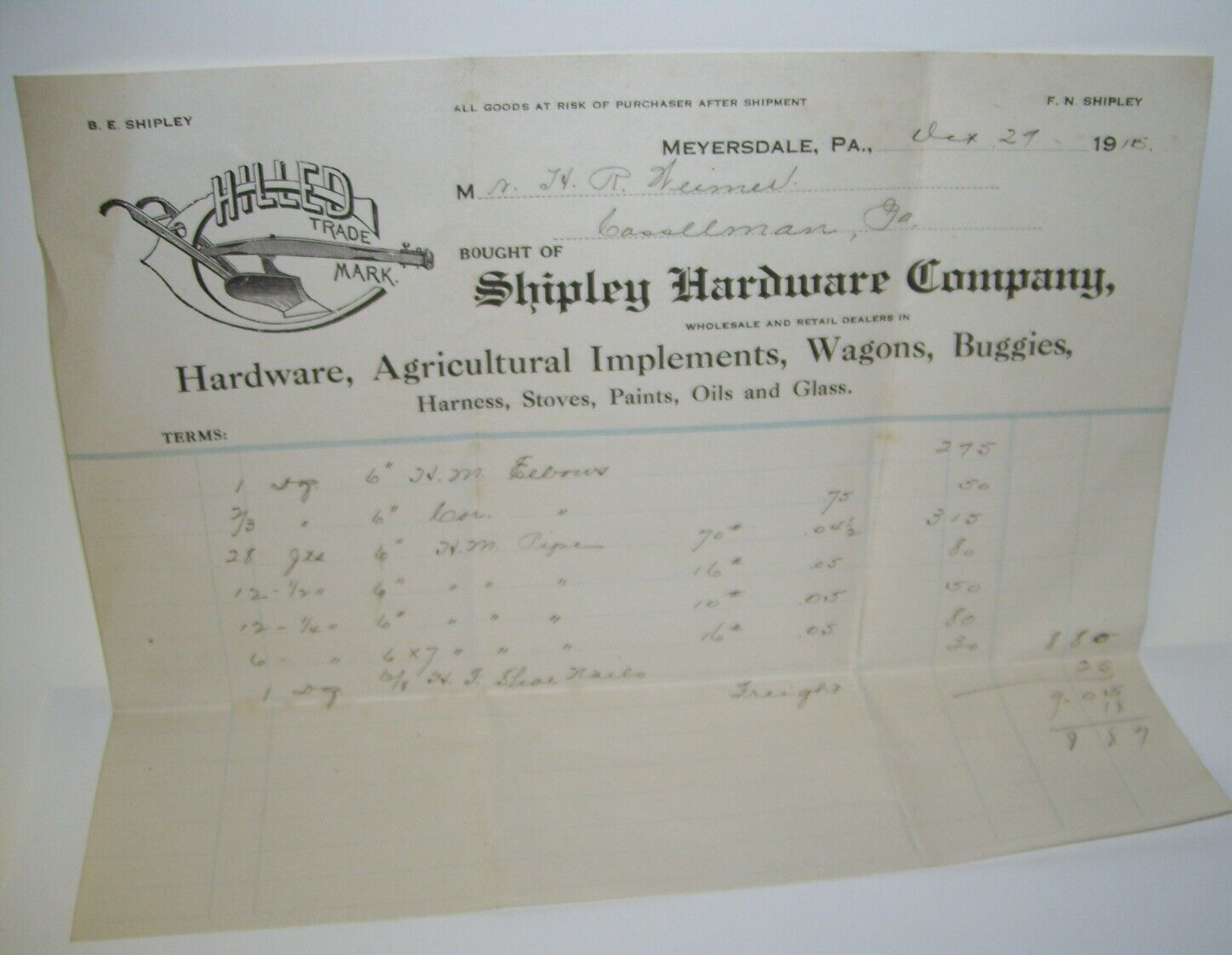 Antique 1915 Sales Receipt Shipley Hardware Company Meyersdale PA