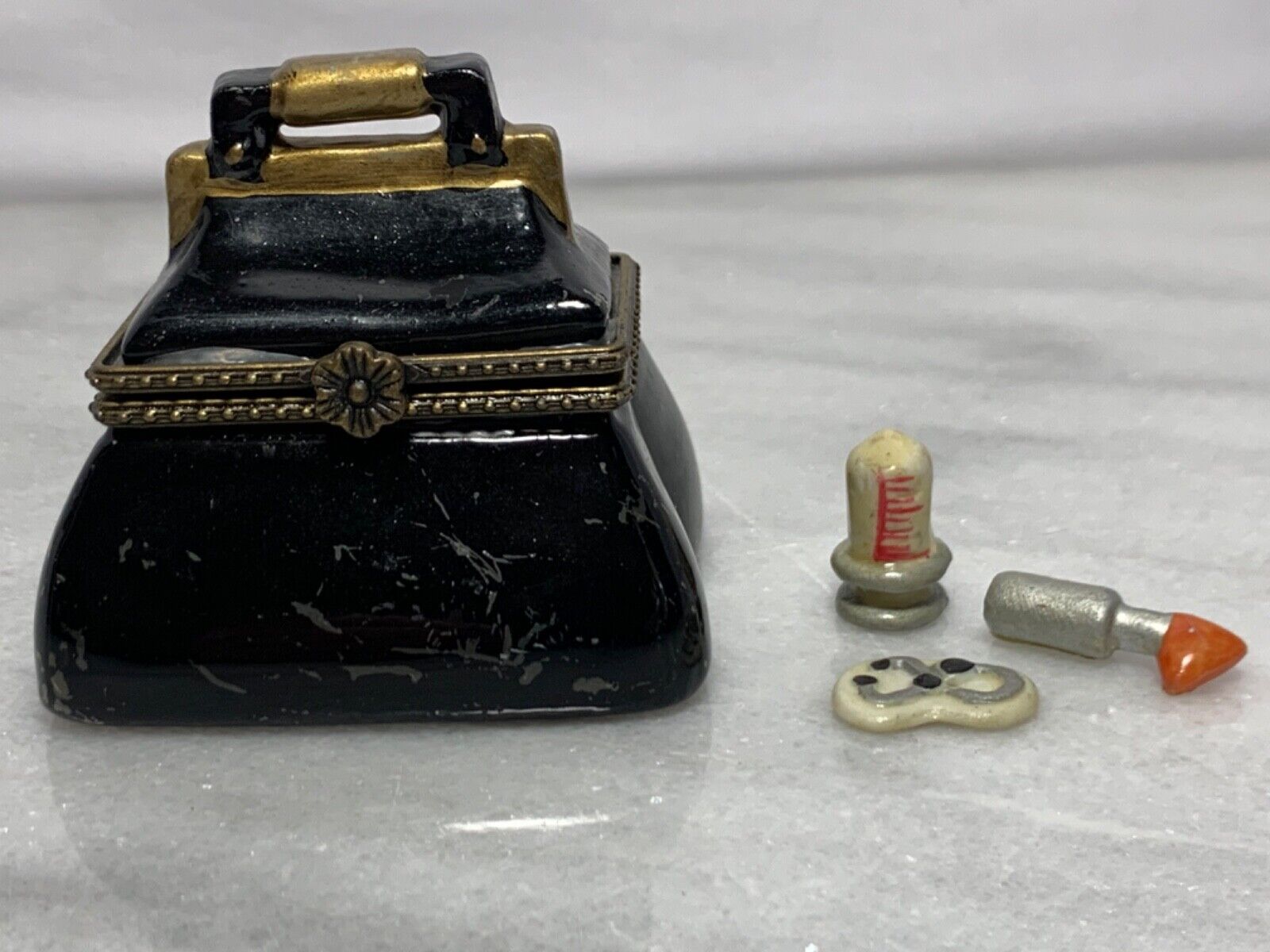 Vintage Mantle Clock Hinged Porcelain Trinket Box with Key Charm