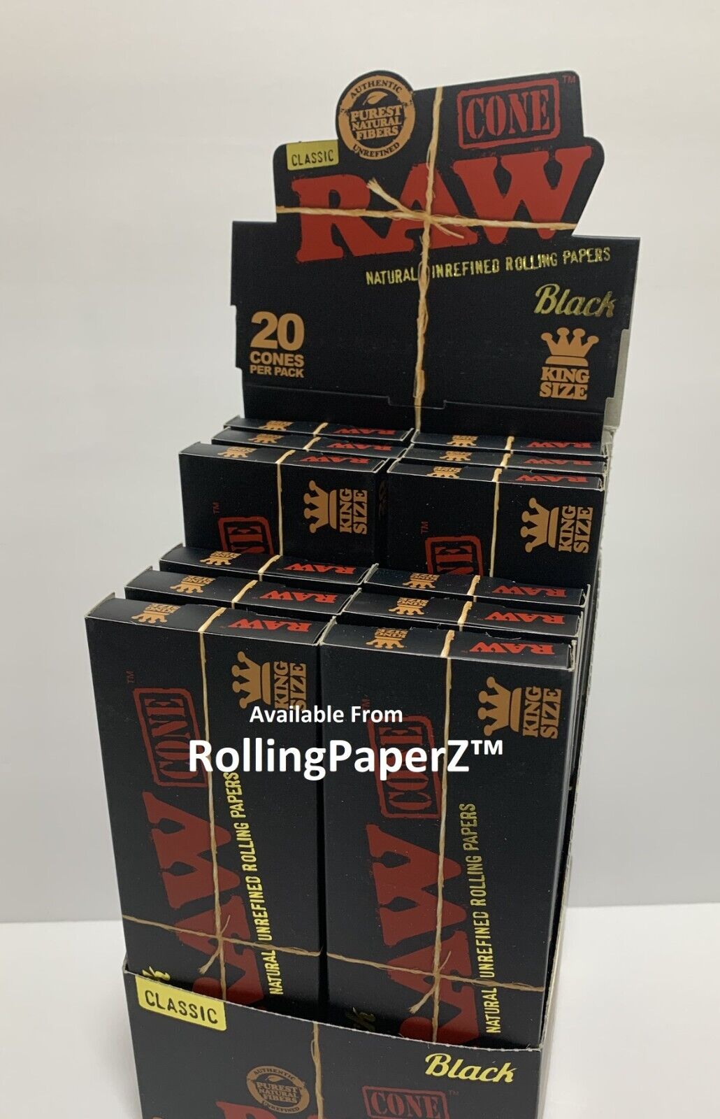 Display of 12 pks/ 20 cnt each RAW BLACK CLASSIC King Size Pre-Rolled Cones
