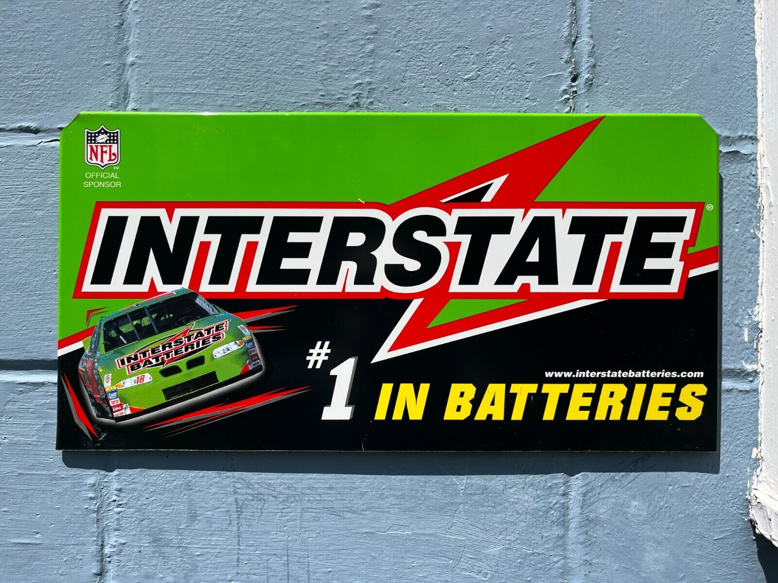 Metal Sign Two-sided Interstate Batteries NFL Nascar auto from battery rack