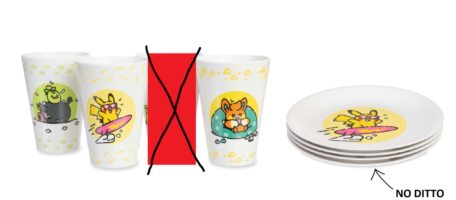 Pokemon Lazy Summer Plates Cups Set of 6 (Surfing Pikachu Smoliv Lechonk Pawmi)