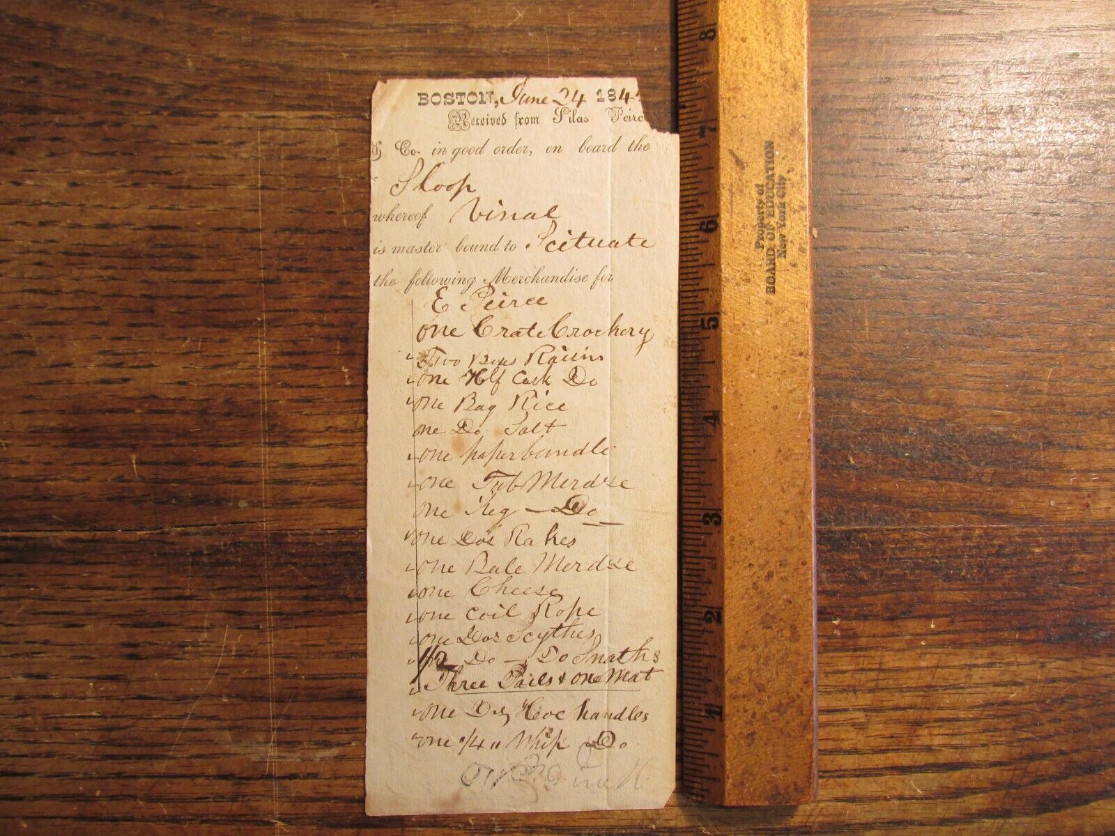 Antique Ephemera 1840s Silas Peirce Shipping Document Boston Sloop Scituate