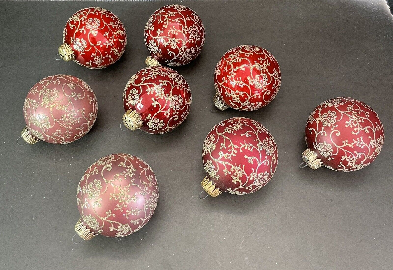 Christmas By Krebs Ornaments 6 Burgundy & 2 Blush 2.5” Glass Glitter Vintage USA