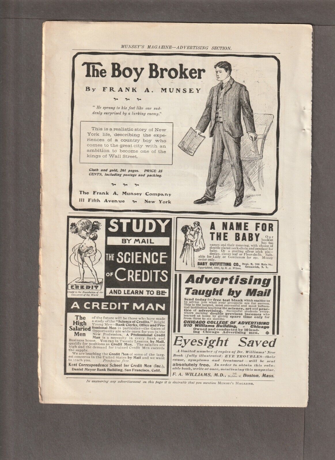 1903 The BOY BROKER BOOK Mag. AD~Frank Munsey~OLD MAID \