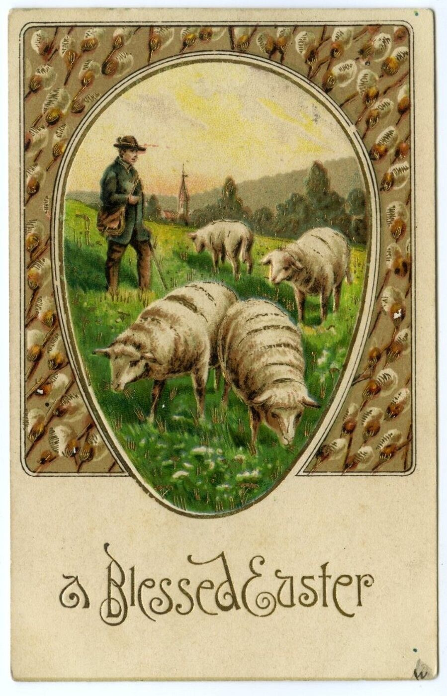 Easter Shepherd Tending Flock of Sheep Postcard