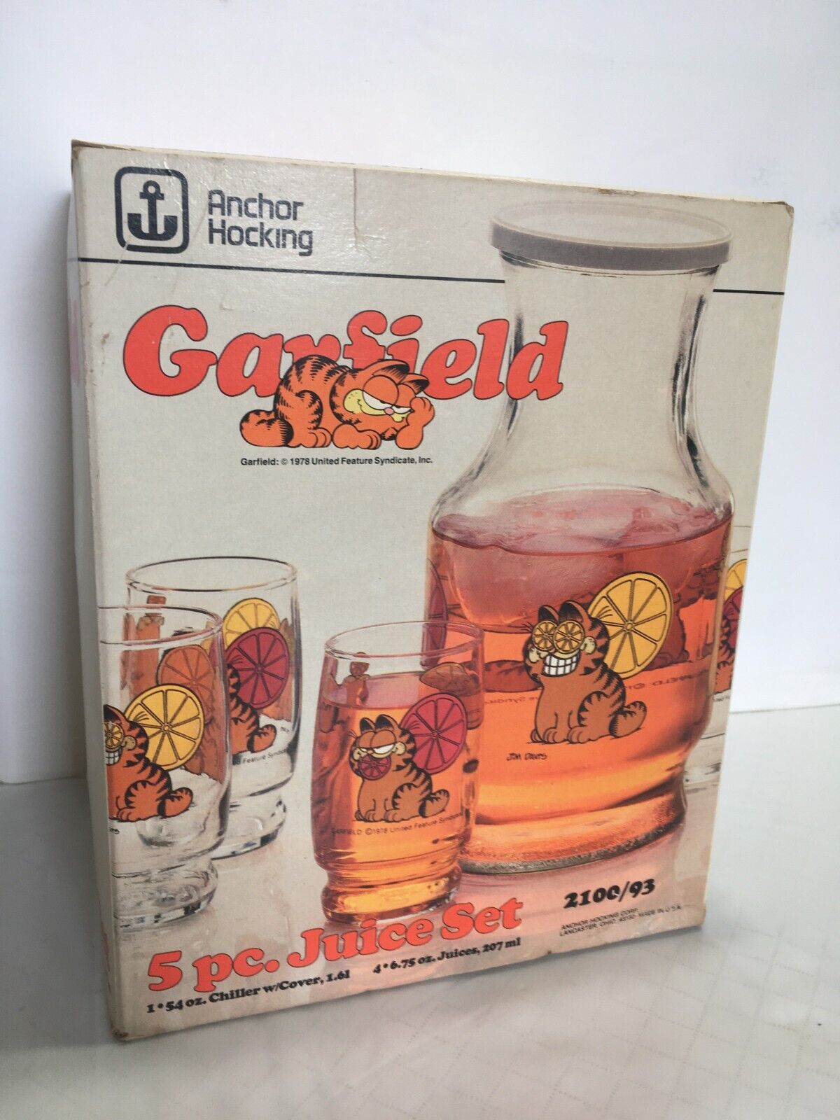 Vintage 1978 Anchor Hocking Garfield 5 piece Glass Juice Set Mint / Original Box