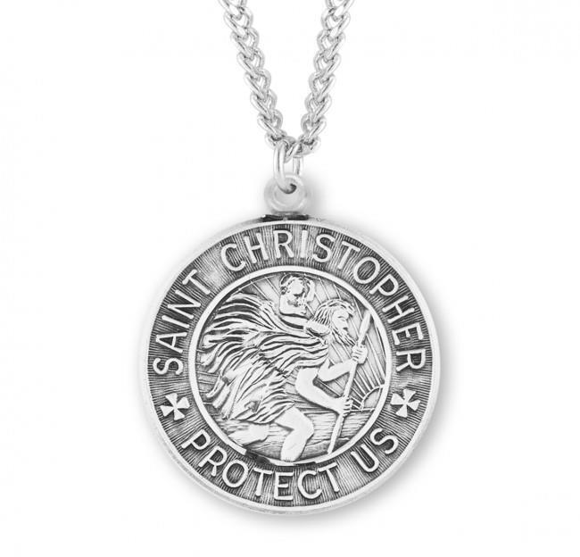 Saint Christopher Round Sterling Silver Medal Size 1.1in x 0.9in