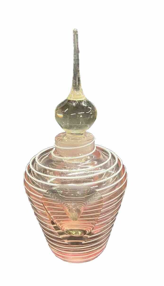 Unique Retro Art Glass Pink Perfume Bottle Hand Blown With White Swirl/Cut View