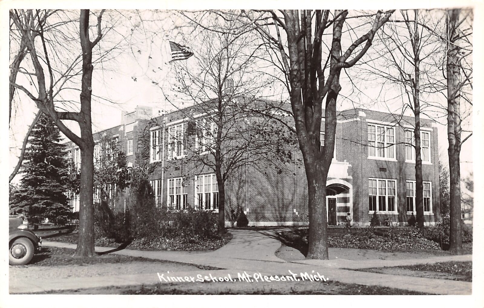 Mt Pleasant Michigan~Lonely Little Kid Leaving Kinney School House~RPPC 1940s