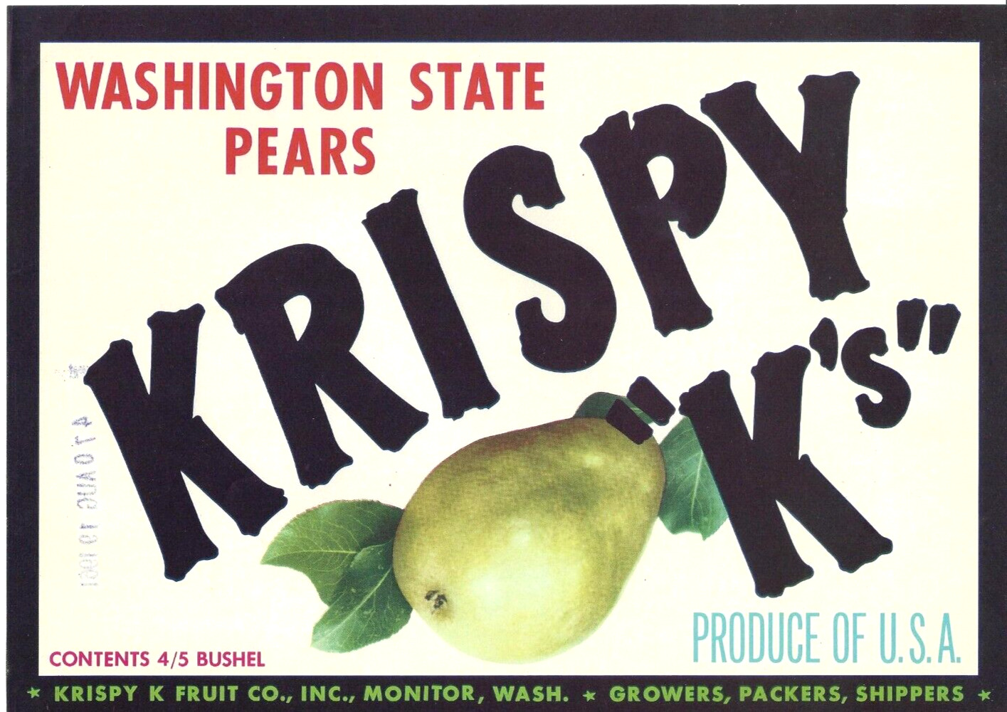 Original scarce KRISPY K\'S pear crate label Krispy K Fruit Co Monitor Washington