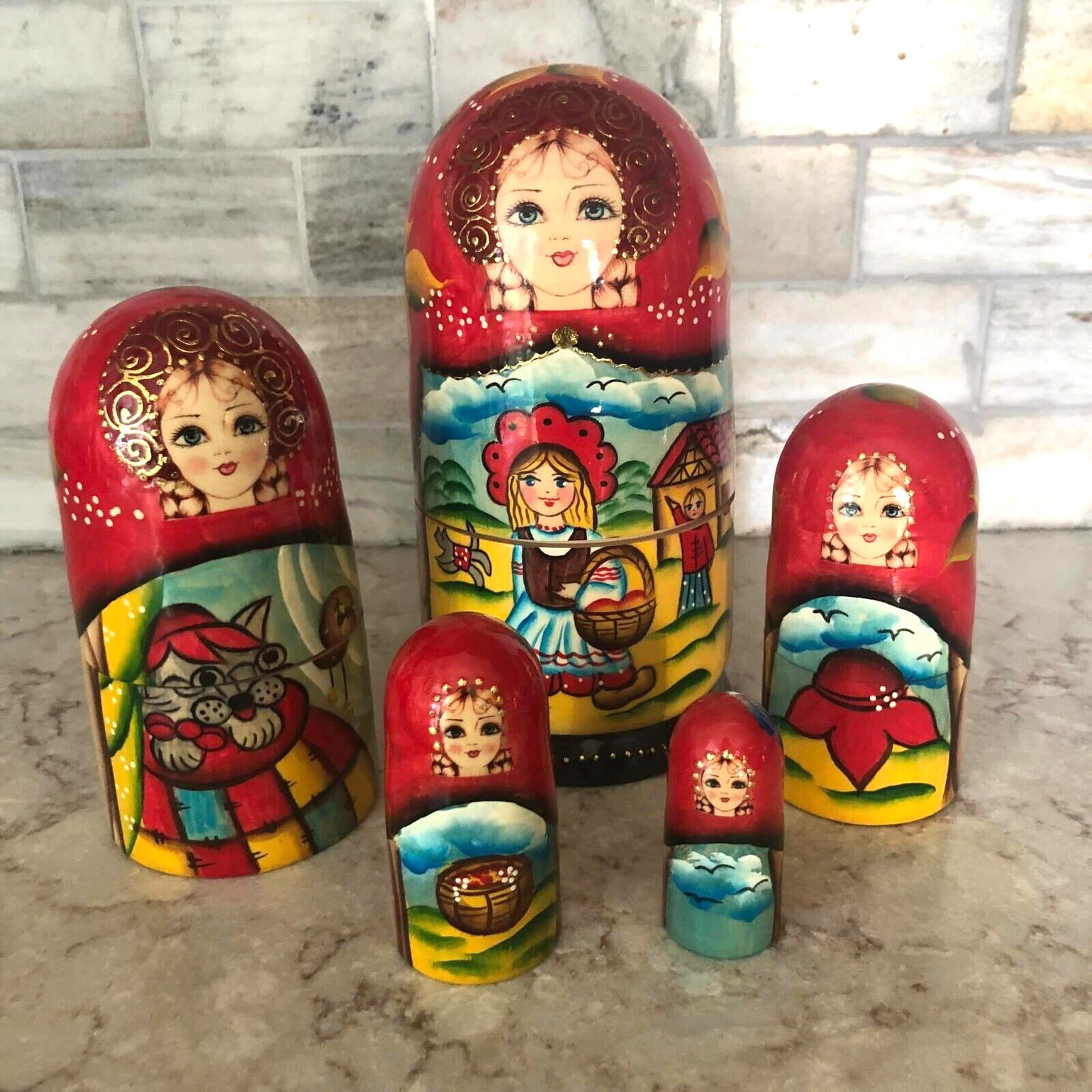 Matryoshka Russian Nesting Wooden Doll , set of 5 , Signed