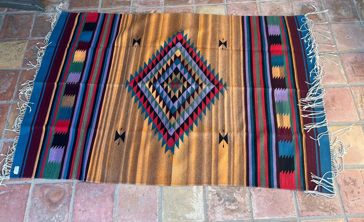 Vintage Aztec Southwestern Native Hand Made Mexican Wool Rug Colorful 90 X 60