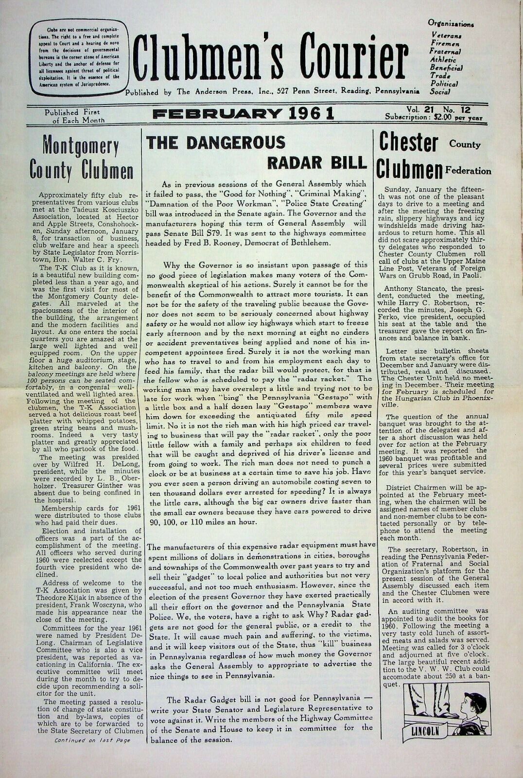 Vtg Feb. 1961 Clubmen\'s Courier Newspaper Montgomery County Pennsylvania