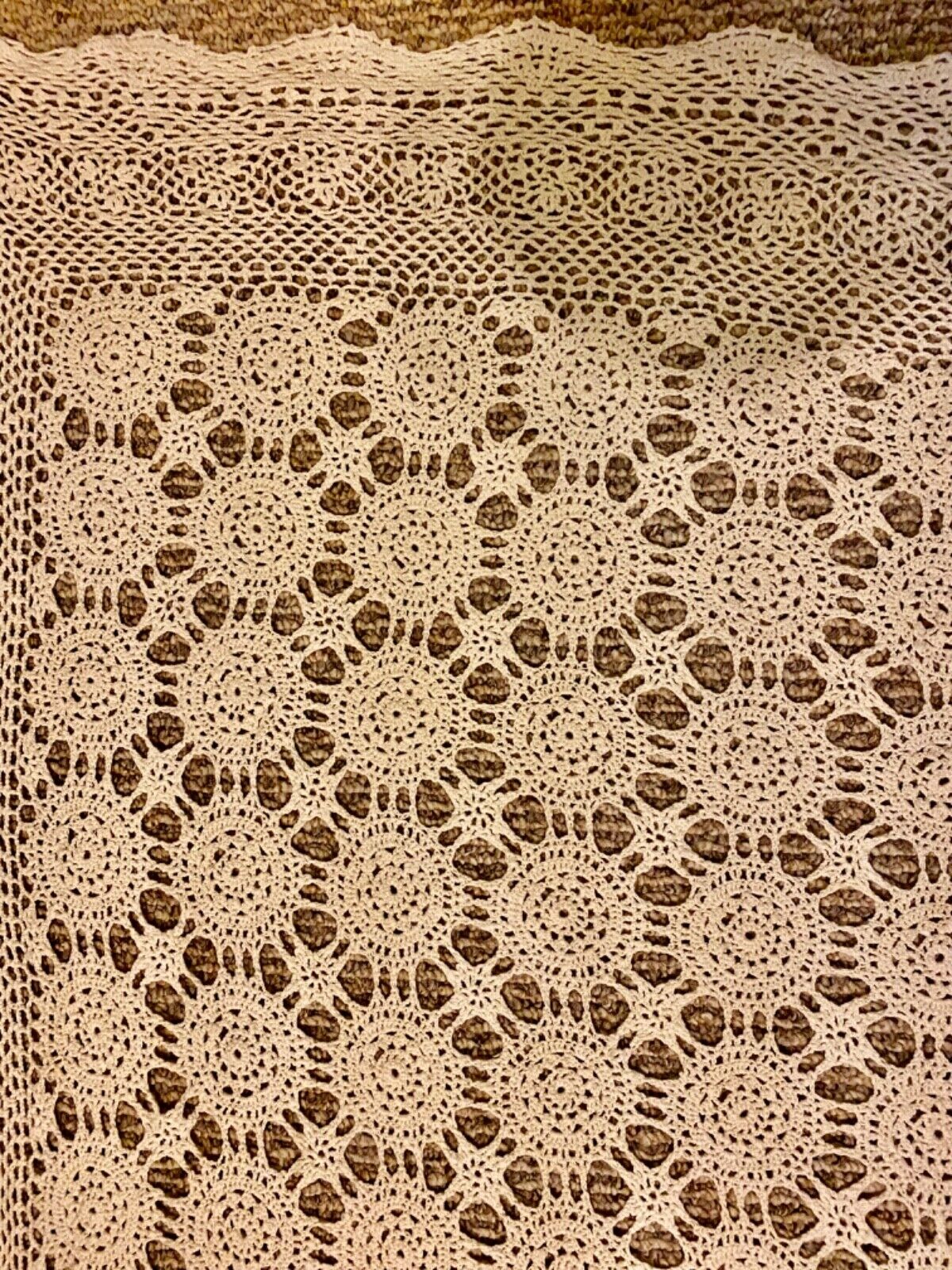 Vintage Large Hand Crocheted Beige Cotton Tablecloth 104