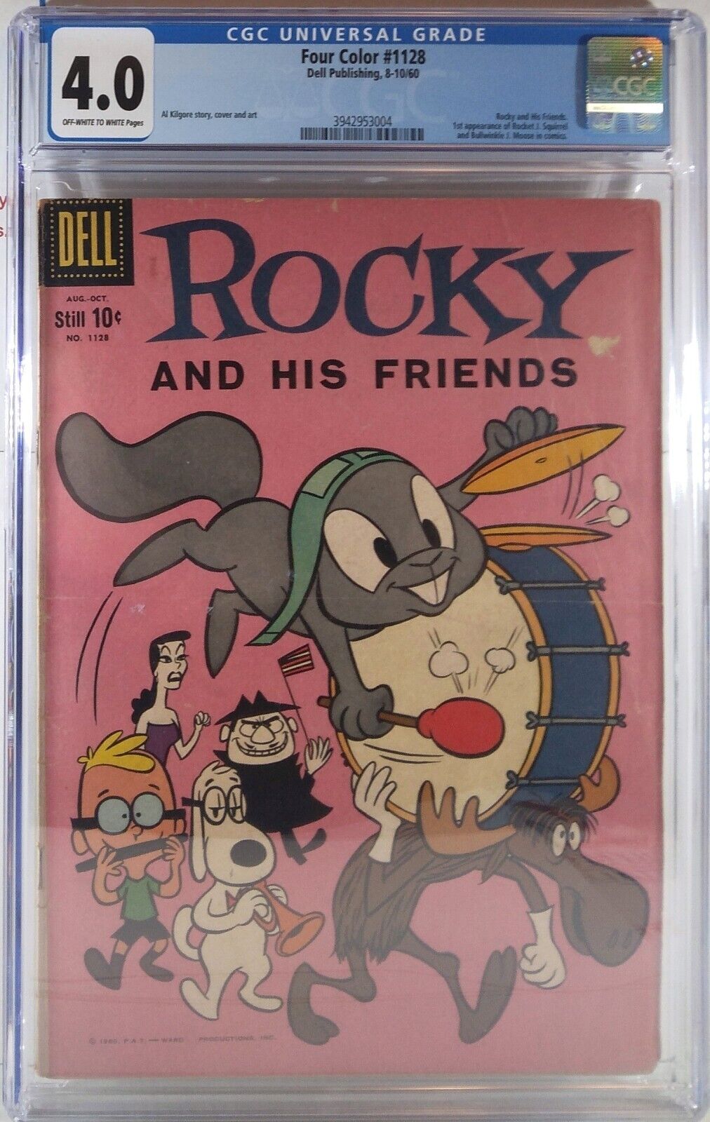 🫎🐿️ CGC 4.0 FOUR COLOR #1128 🔑 1st ROCKY BULLWINKLE Peabody Sherman DELL 1960