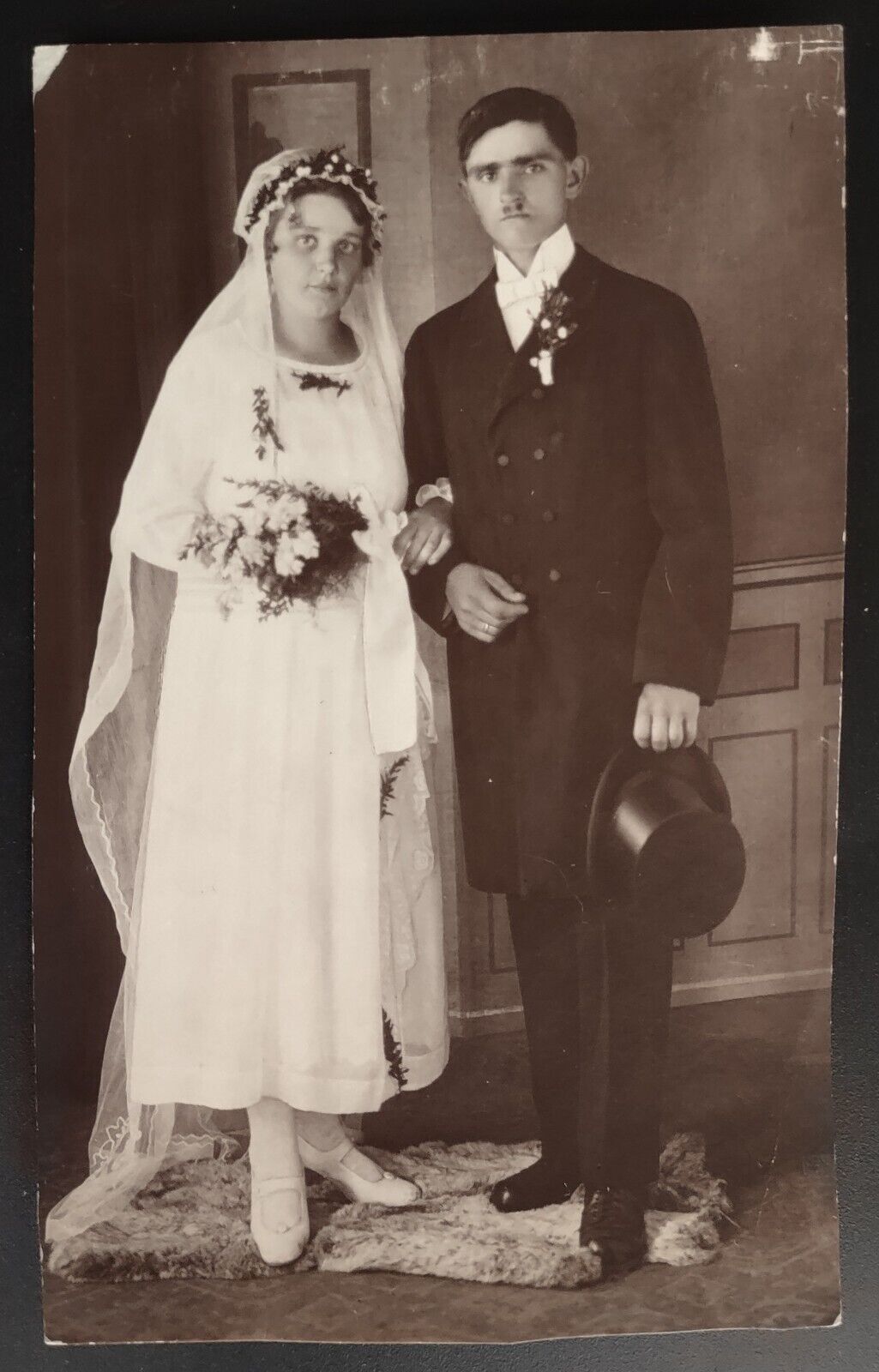 RPPC Wedding Couple Germany? 1924 Bride Holding Bouquet Groom Holding Top Hat