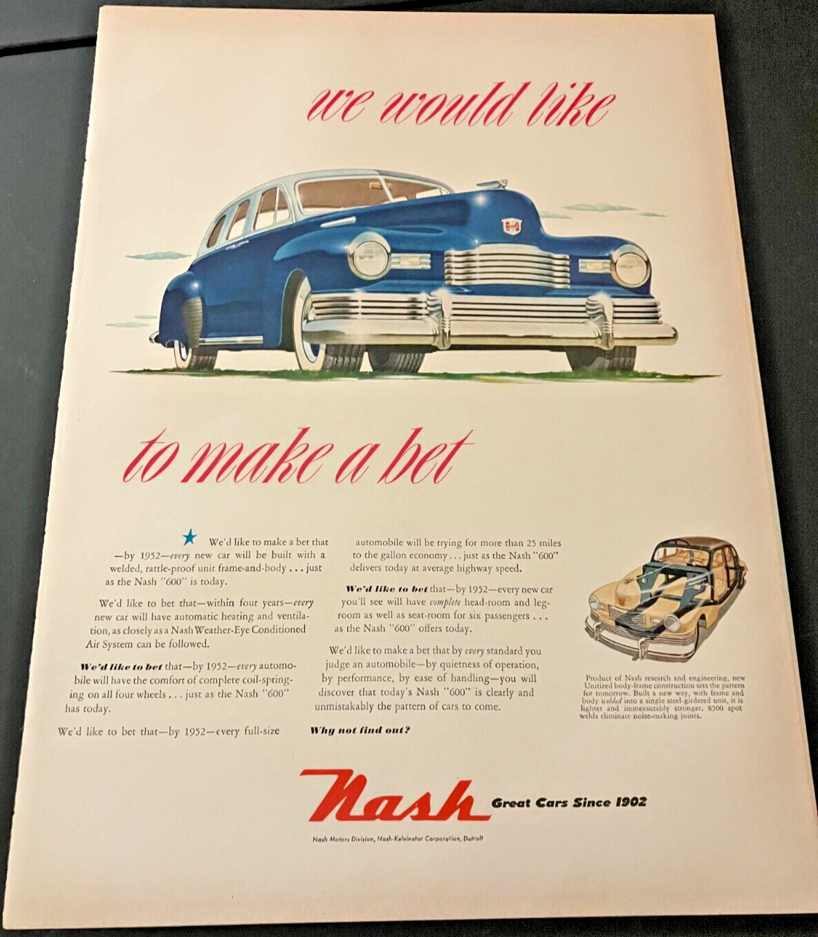 Blue 1948 Nash Ambassador - Vintage Illustrated Color Print Ad / Wall Art  CLEAN