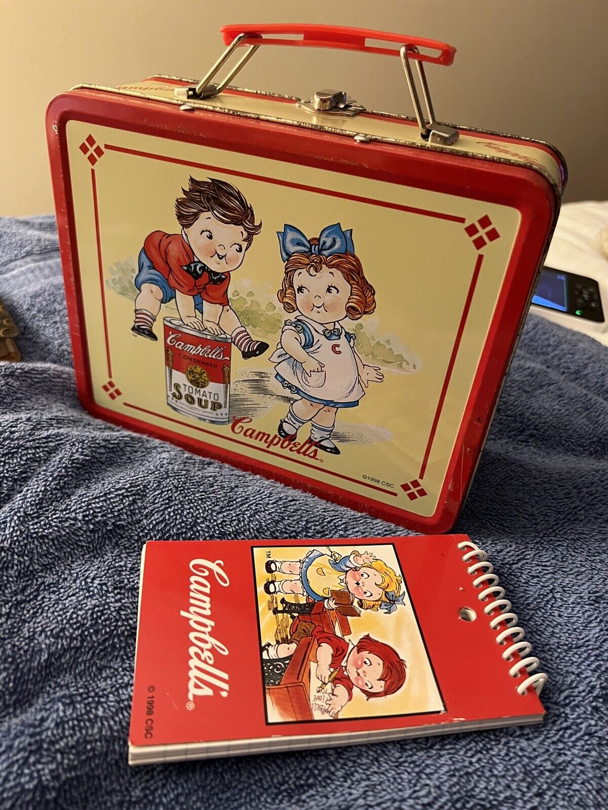 Vintage Campbells Tomato Soup 1998 Collectible Red Metal Lunch Box & New Notepad