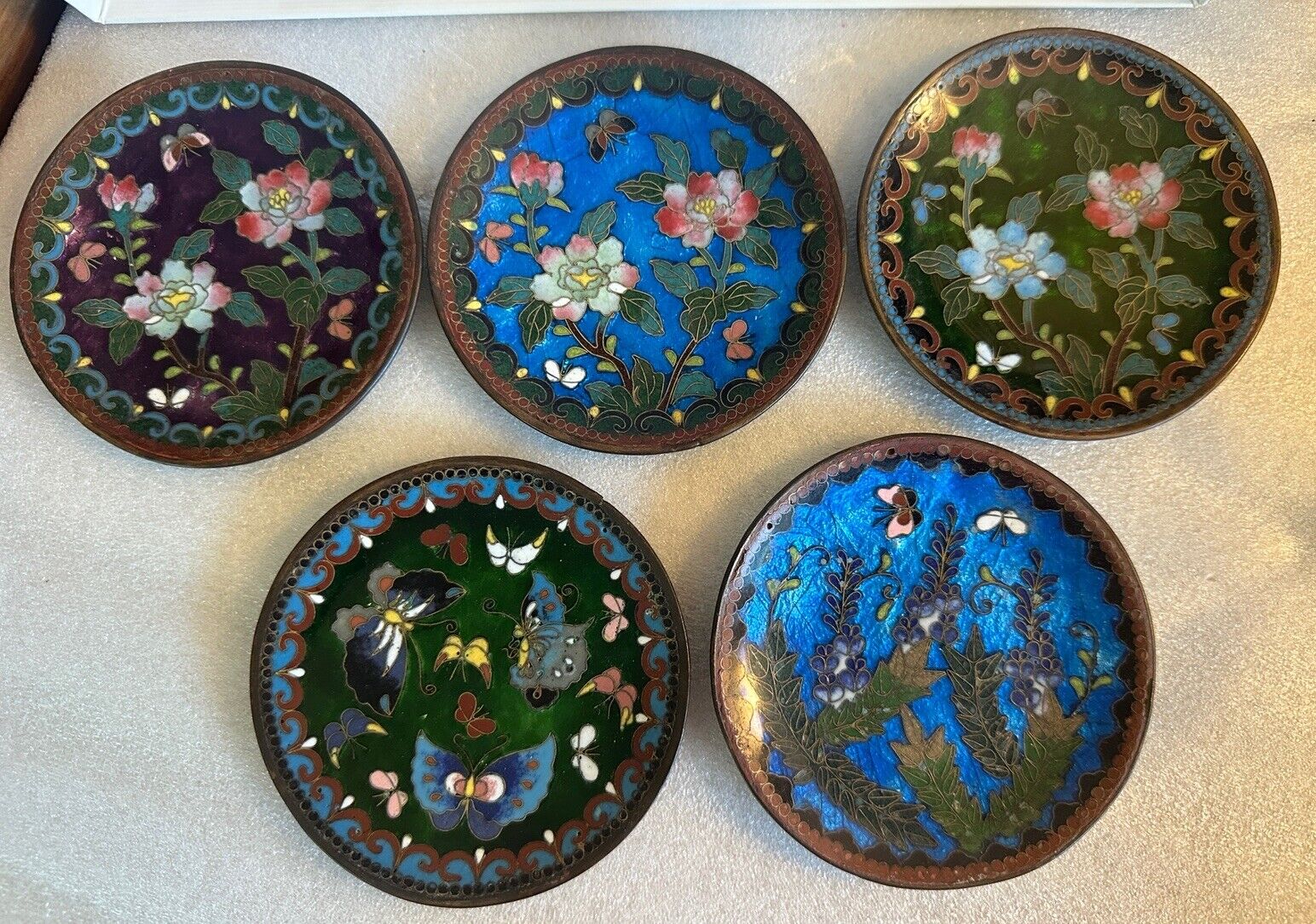Lot 5 Chinese Cloissone Enamel Brass Floral Ring Tray Bow Trinket Dishes