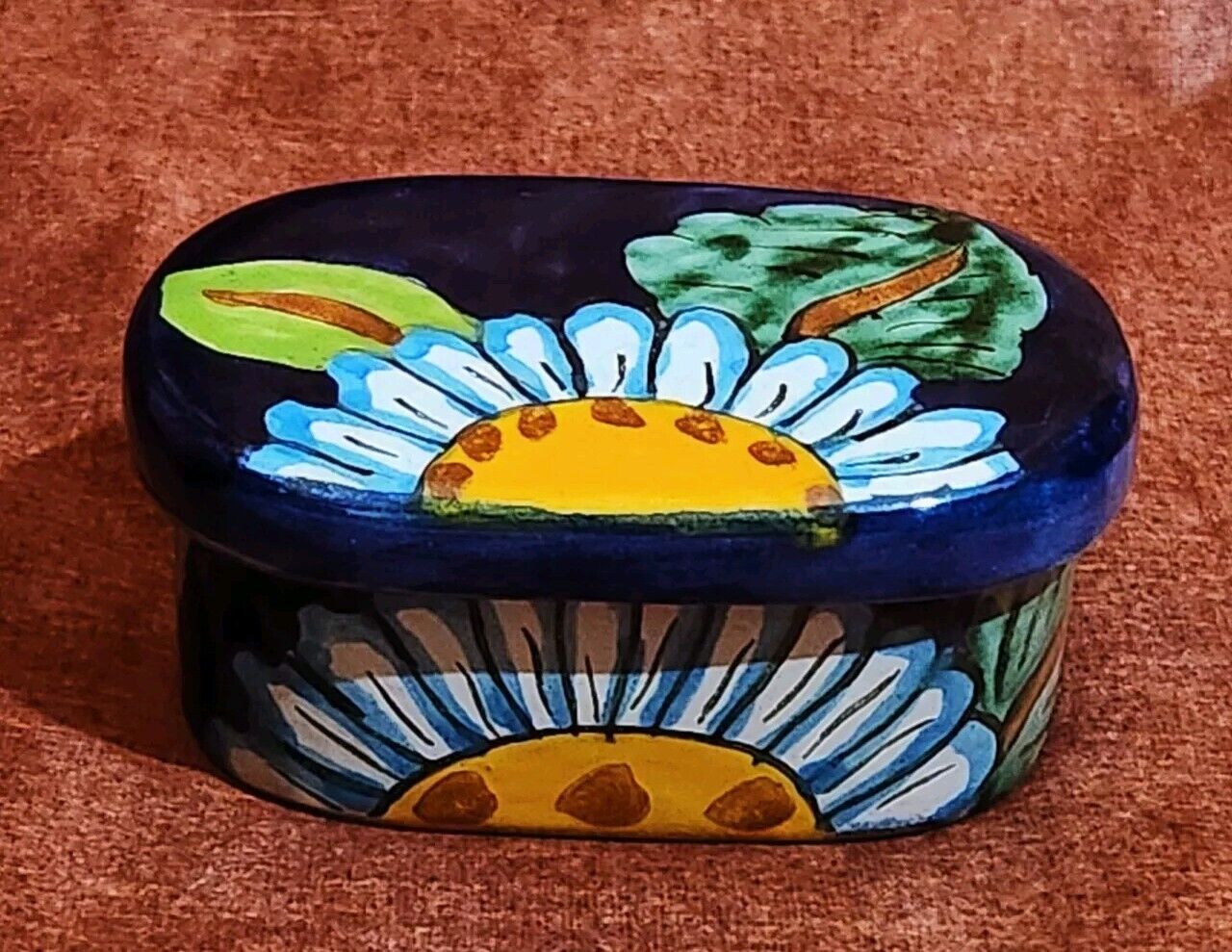 Hand Painted Vtg Talavera Mexican Pottery Sunflower Trinket Box With Lid Blue 