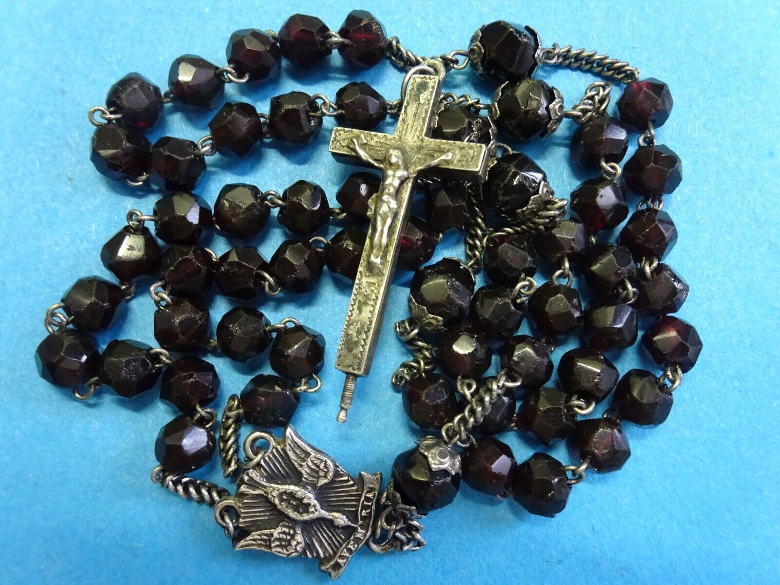 amazing ANTIQUE rosary /  GARNET   /  SILVER locket CRUCIFIX /  silver DOVE