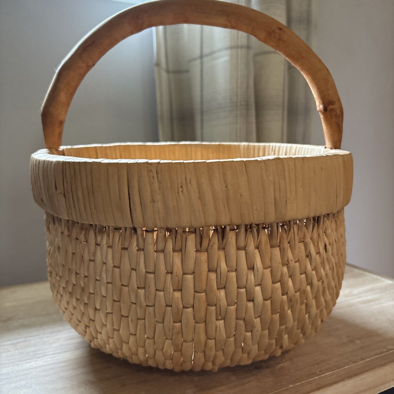 Vintage Large Woven Straw Wicker Basket With Wooden Handles 11” Tall 36” Round