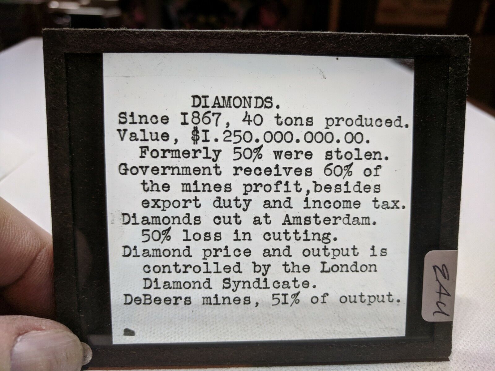 HISTORIC Colored Glass Magic Lantern Slide EAU DeBeer's Diamond MINE Statistics