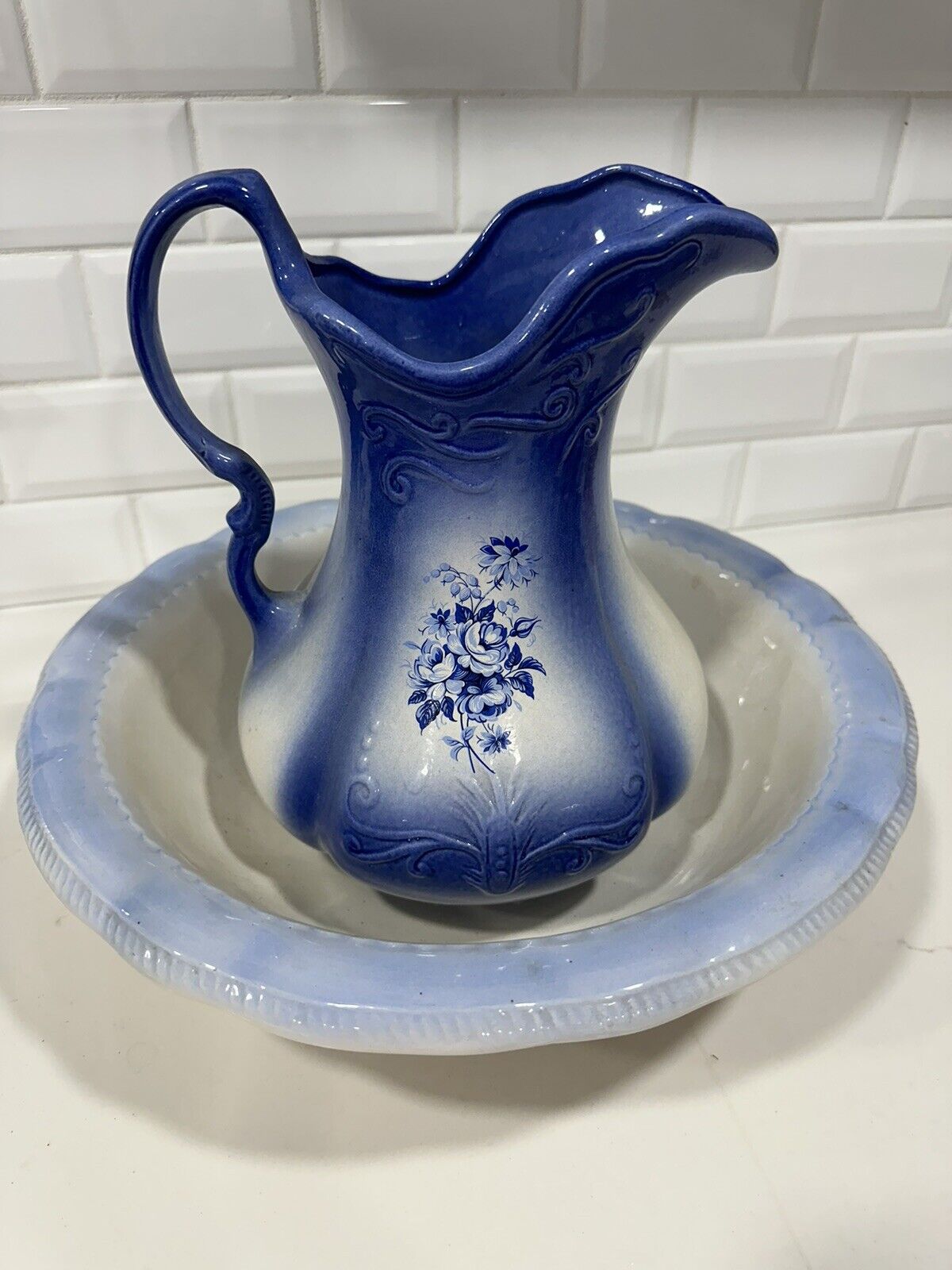 Ironstone USA Wash Basin And Pitcher Antique Blue And White With Floral Design