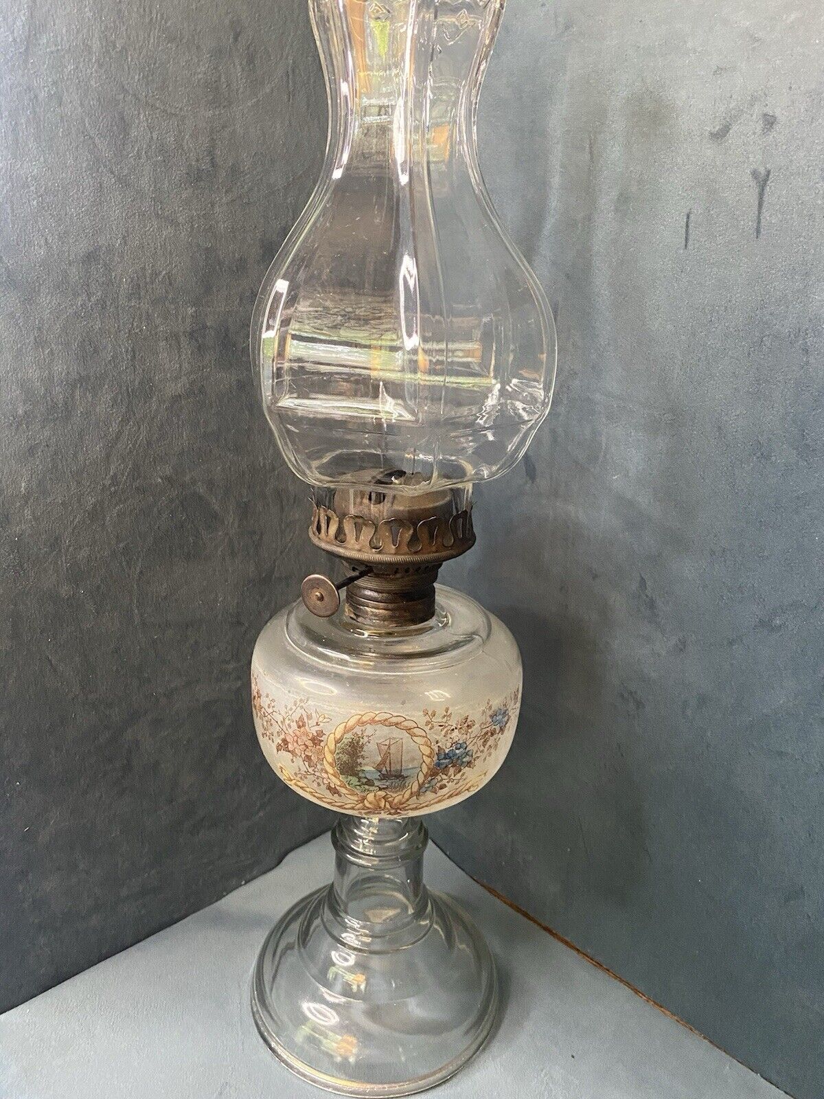 Antique Glass, Kerosene Oil Lamp Hand Decorated Nautical Scene W/ Frosted Bowl 