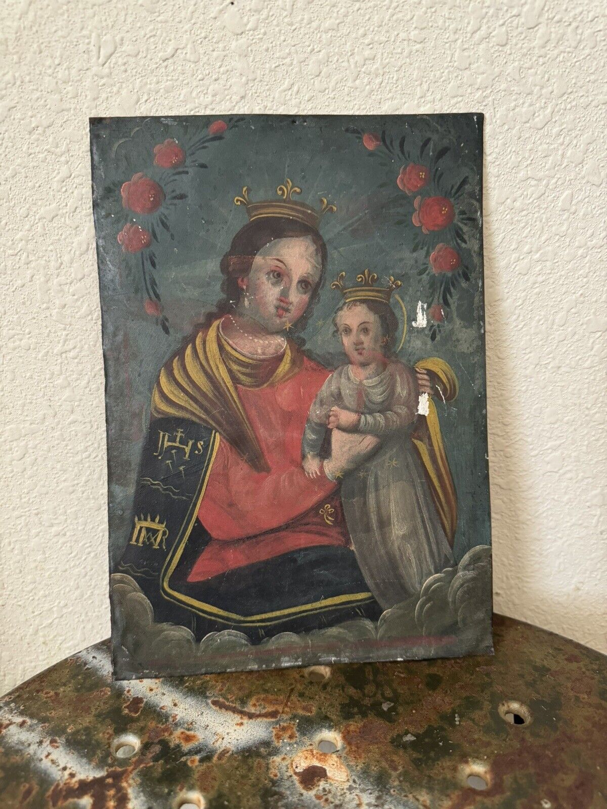 Antique Religious Spanish Colonial Mexican Retablo Painting On Tin vintage