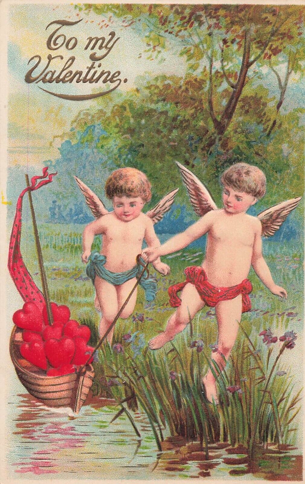 Valentine Day Postcard Cupids with Boat of Hearts Embossed c 1910  J6