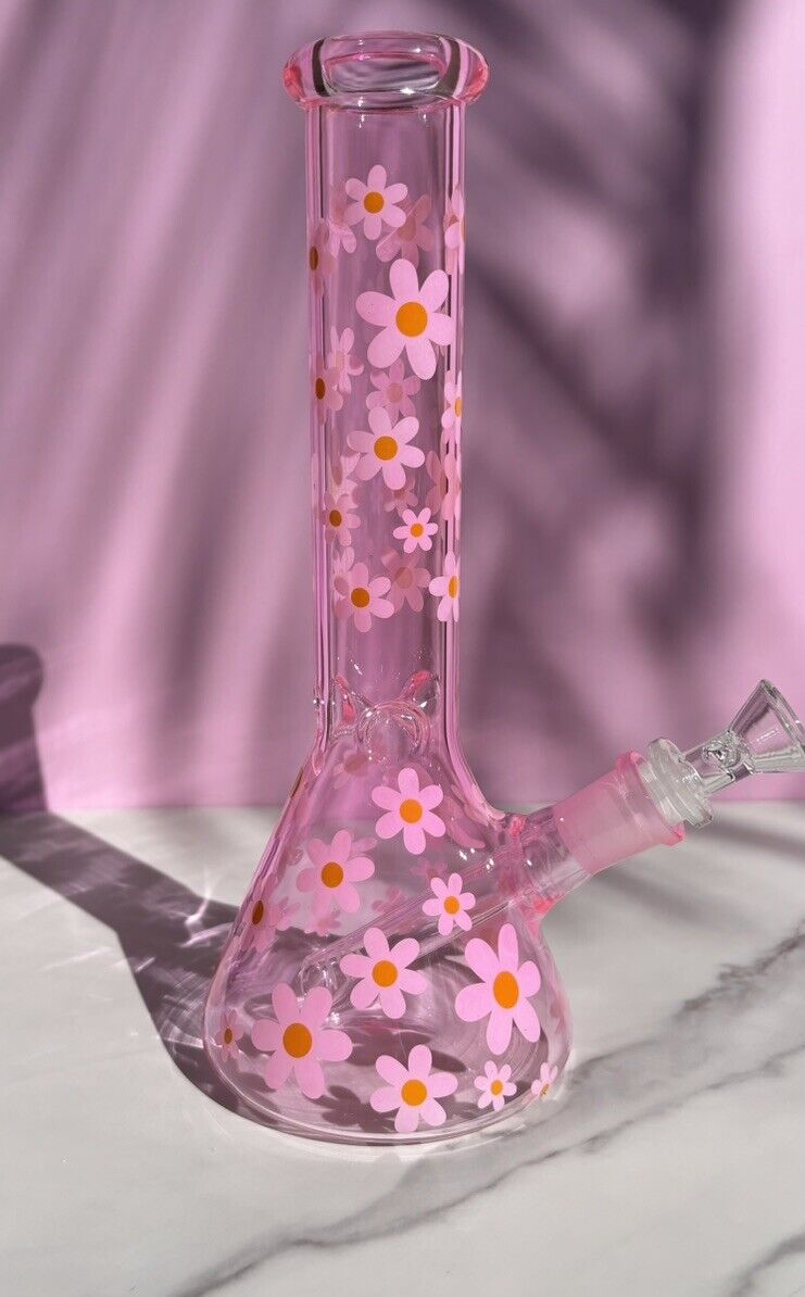 10” Pink Daisy bong Hookah Water Pipe Bong Classic Tobacco Smoking Beaker glass