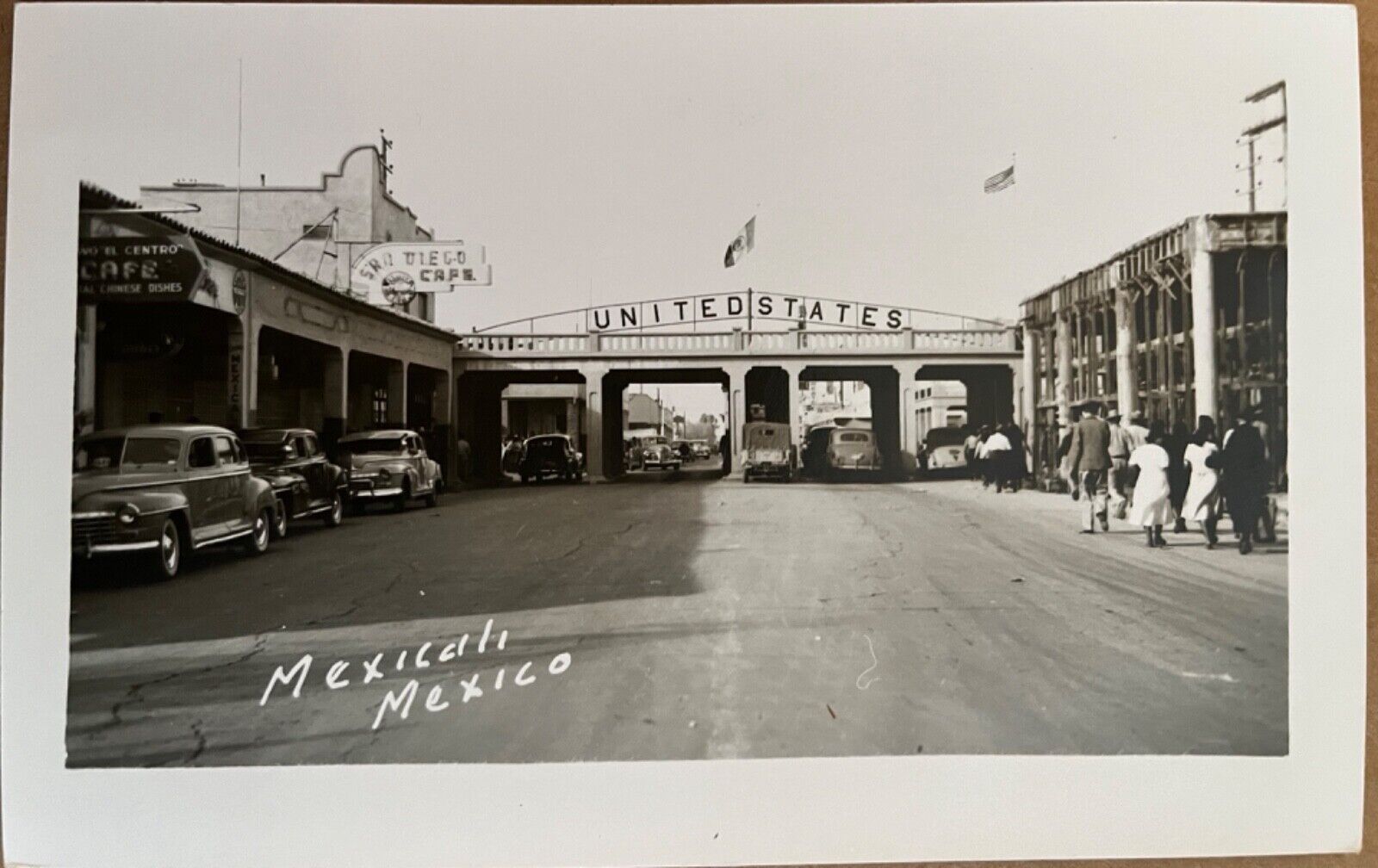 RPPC Mexicali Mexico to US Border Old Cars Real Photo Postcard c1950