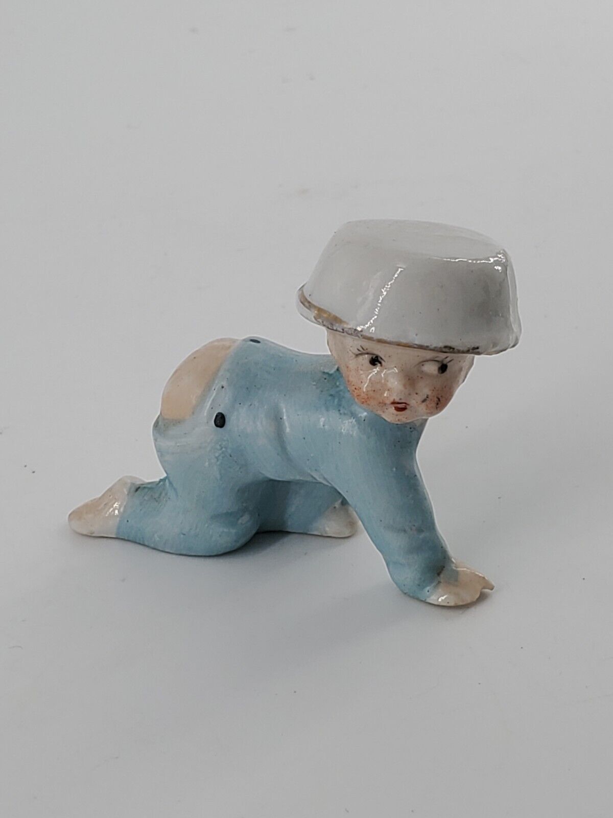 Vintage Nippon Ceramic Baby Boy, Crawling, In Blue Jammies, 2¼