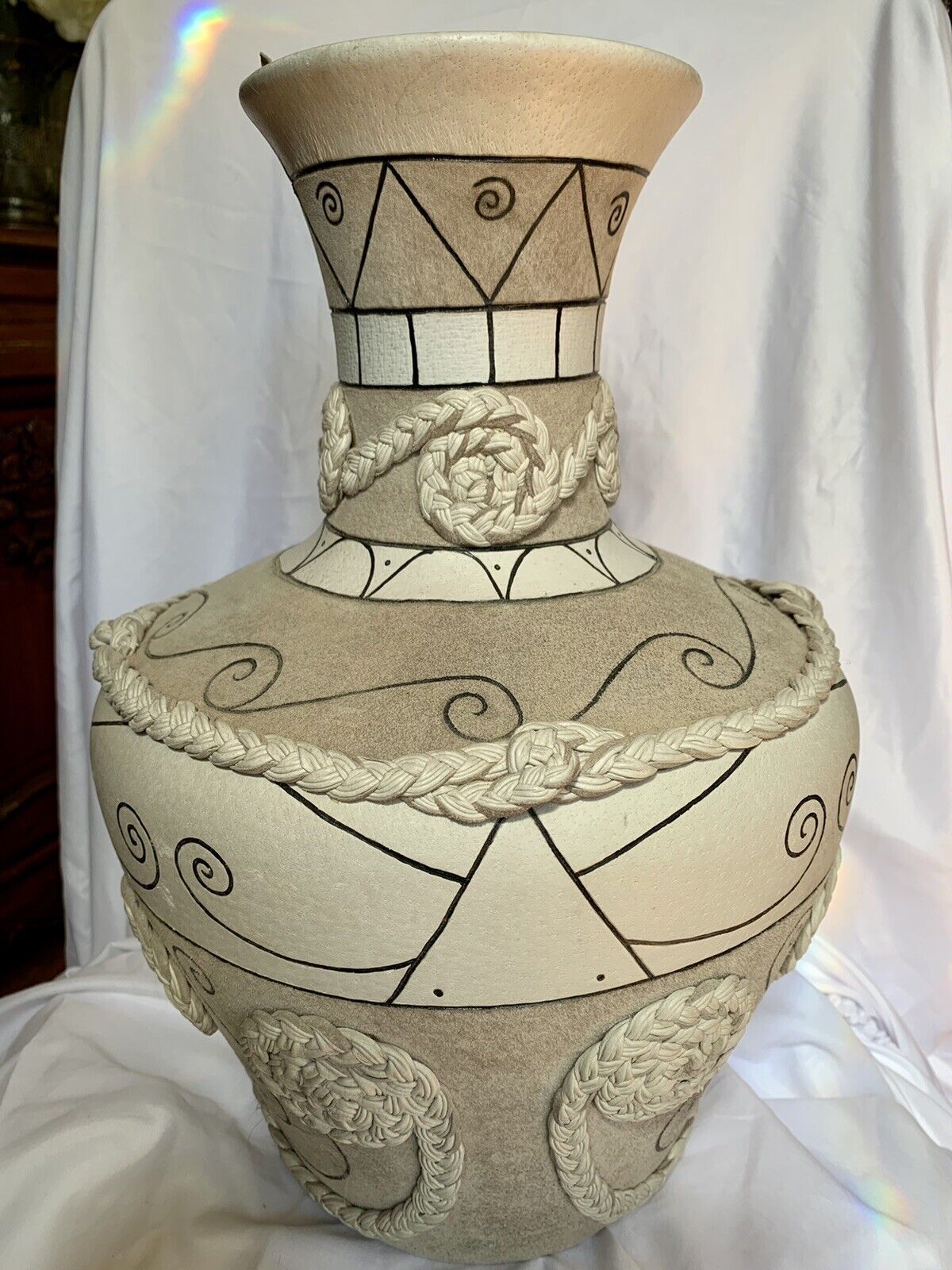 Large Southwestern Leather Wrapped Vase, Artist Signed 16\