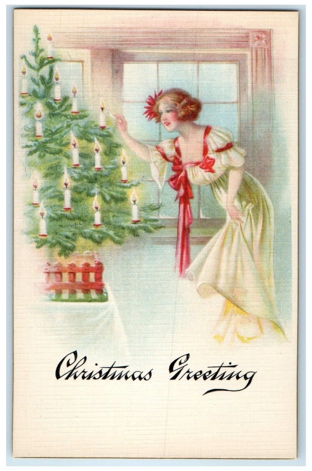 c1910's Christmas Greeting Woman Lighting Candles Unposted Antique Postcard