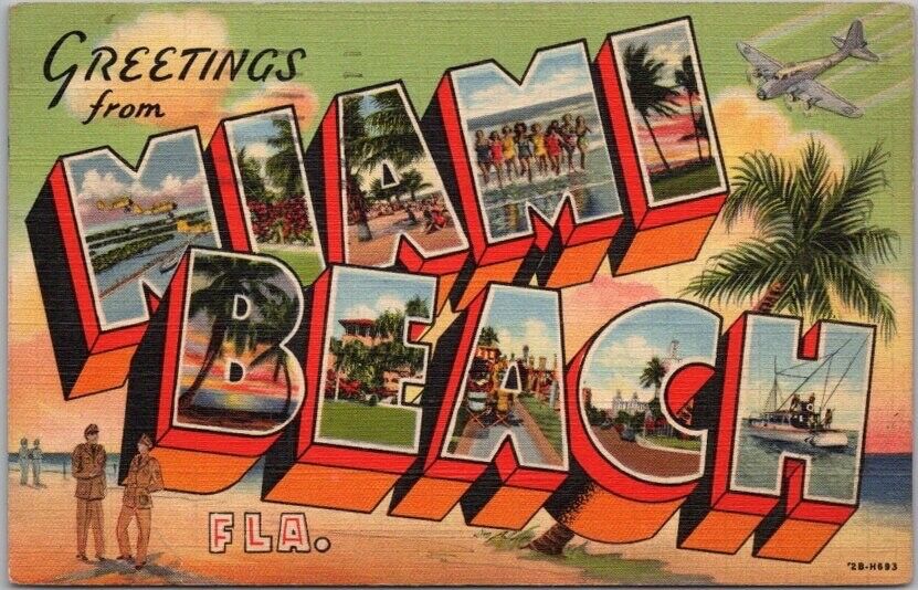 MIAMI BEACH Florida Large Letter Greetings Postcard Curteich Linen 1942 Cancel