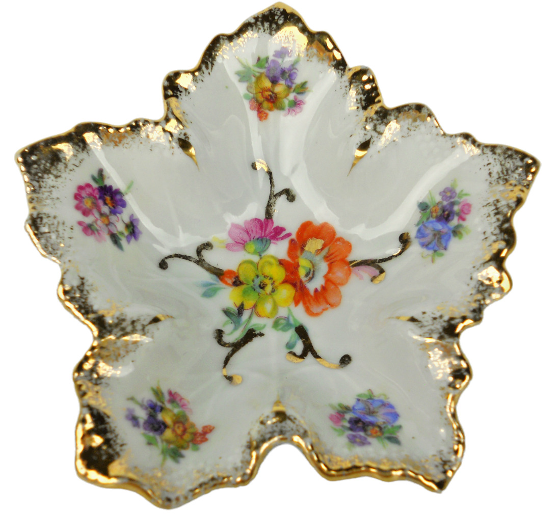 Vintage Elfinware Germany Trinket/Pin Dish Leaf Shape Floral with Gold Trim New