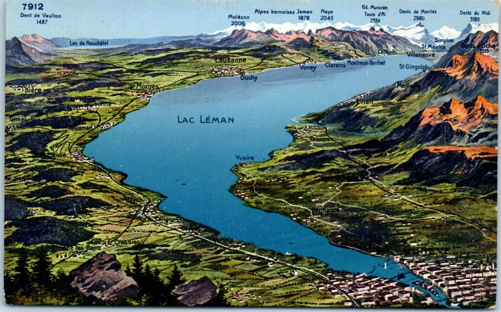 Lac Leman Switzerland/France Map Postcard