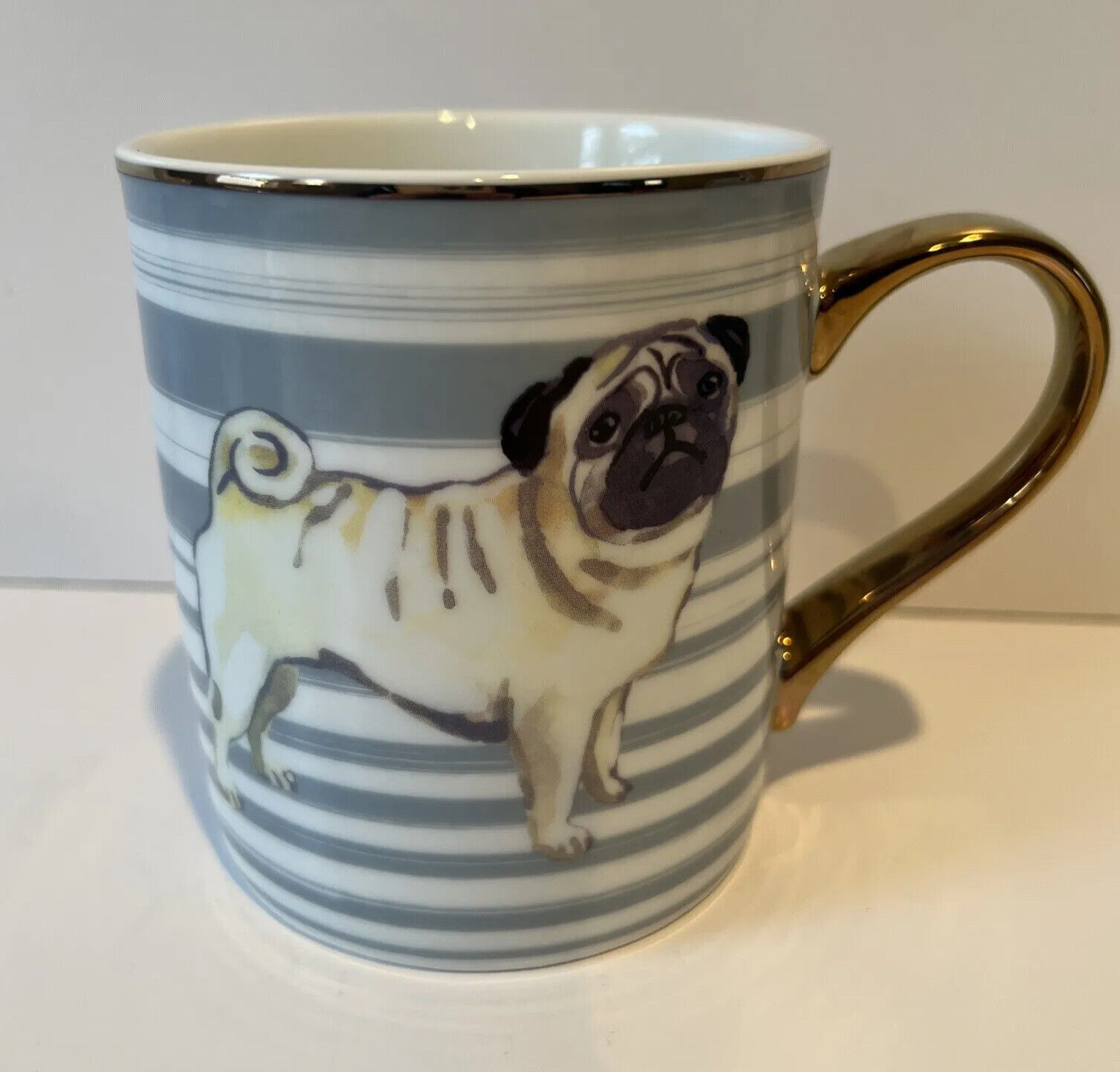 Pug Dog Coffee 14oz Mug With Stripes & Gold Trim 10 Strawberry Street Brand