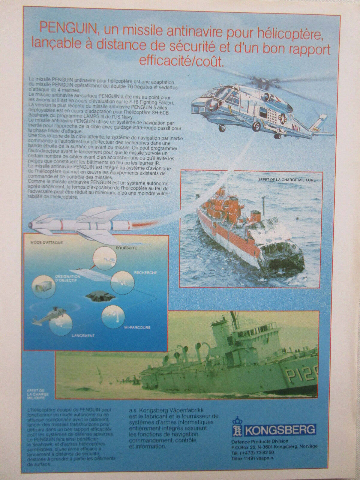 8/1986 PUB KONGSBERG NORWAY PENGUIN ANTI-SHIP MISSILE US NAVY SEAHAWK LAMPS AD