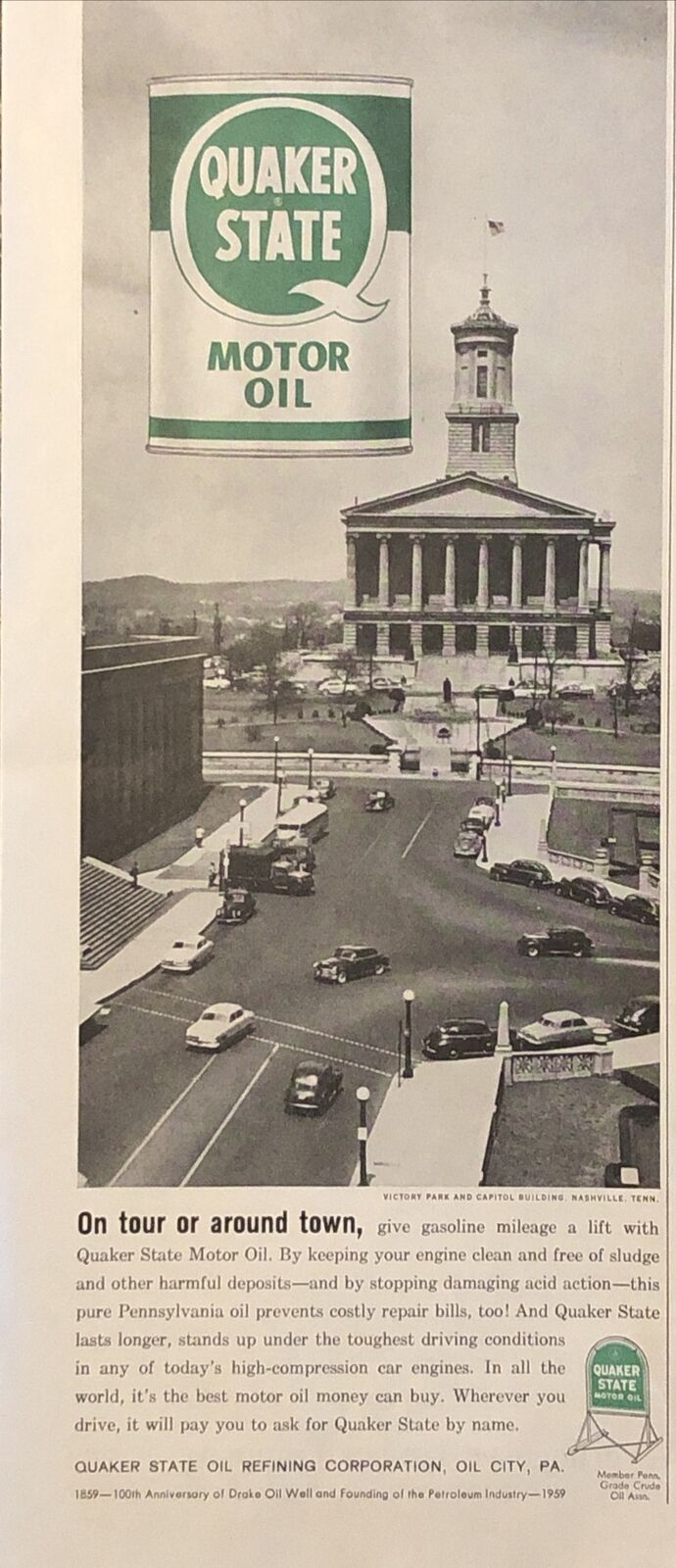 1959 Quaker State Motor Oil VTG 1950s PRINT AD Nashville Victory Park & Capitol