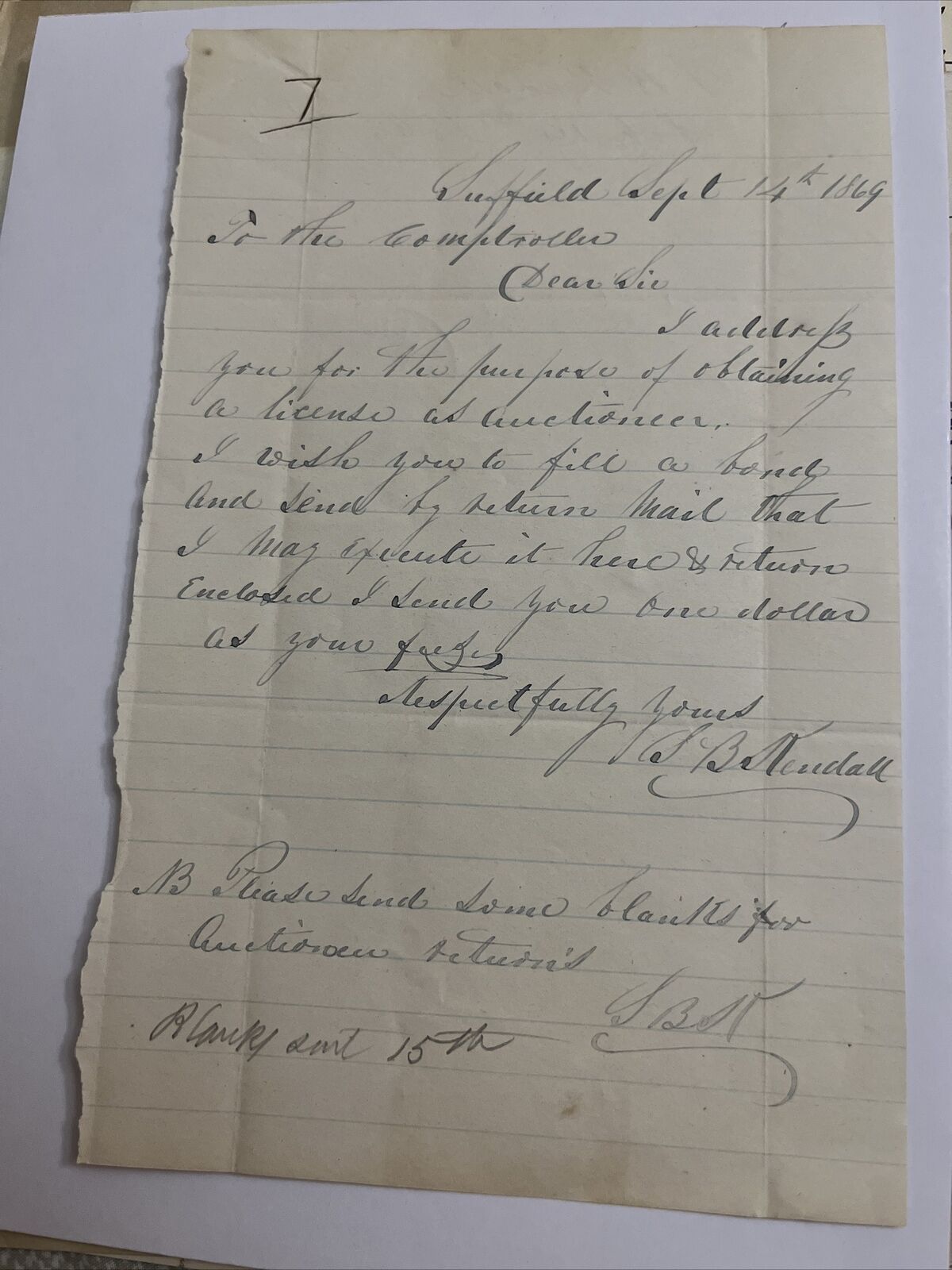 1869 Letter to Comptroller Requesting an Auctioneer License Suffield Connecticut