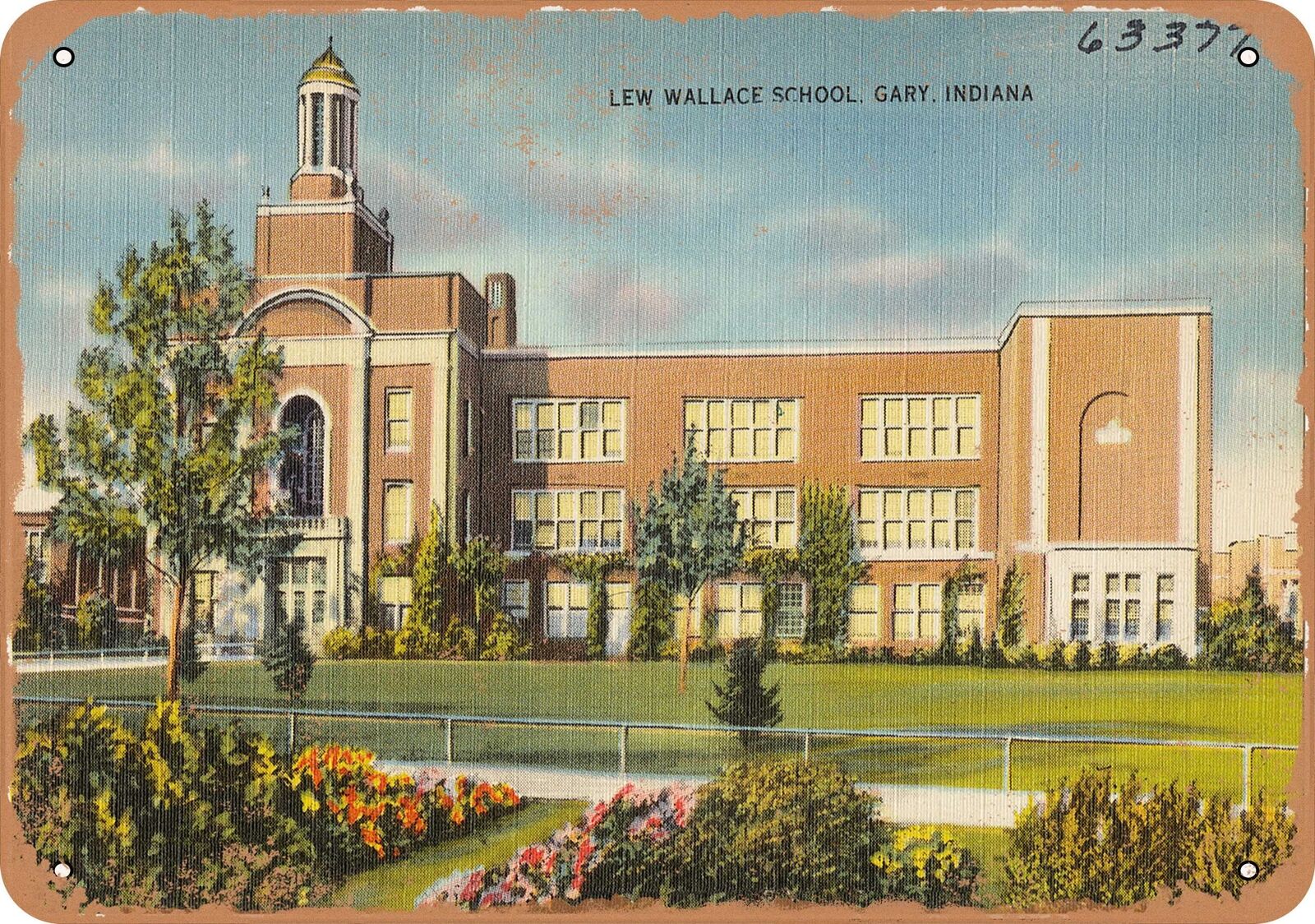Metal Sign - Indiana Postcard - Lew Wallace School, Gary, Indiana