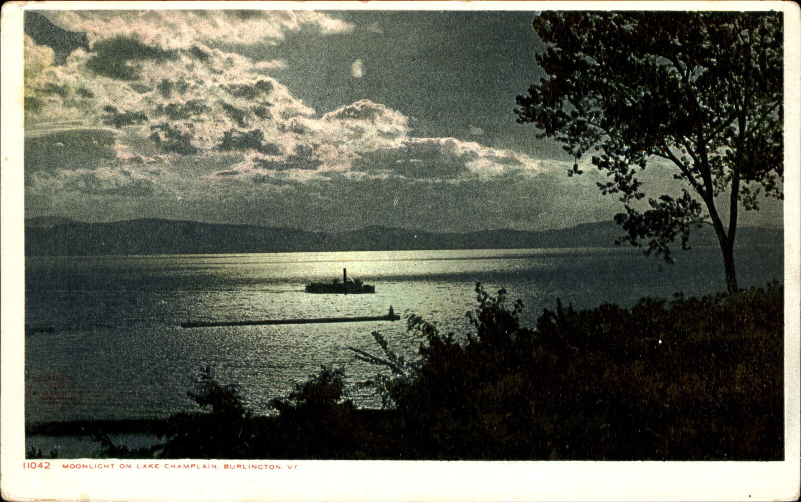 Moonlight on Lake Champlain ~ Burlington Vermont VT ~ Detroit Publishing 1920s