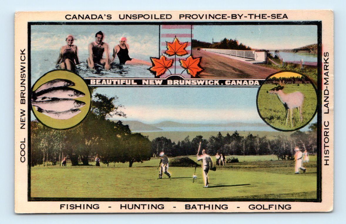 Beautiful New Brunswick Canada \'fishing-hunting-bathing-golfing\' Postcard